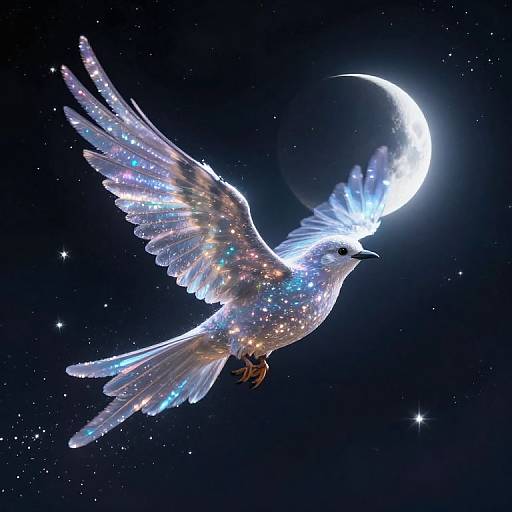 Digital artwork of a glowing, star-filled dove with outstretched wings flying against a dark night sky with a crescent moon.