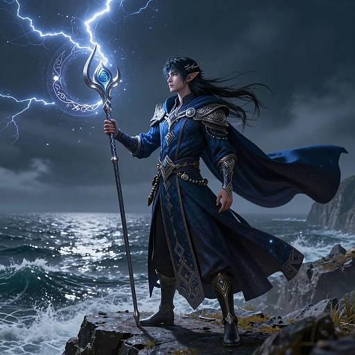 Moonlit Elven Storm-Mage on Cliffside