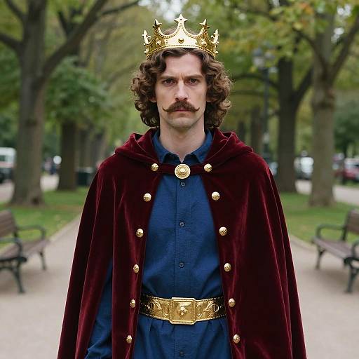 Man Wearing Golden Crown and Velvet Cape in Park