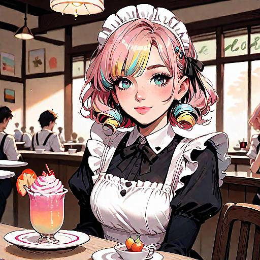 Cheerful Maid at a Cozy Anime Cafe