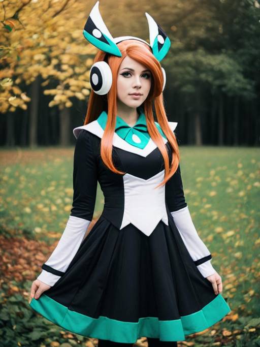 Woman in Meloetta cosplay costume