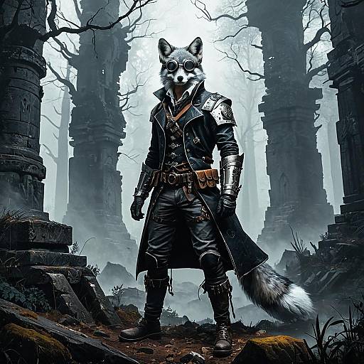 Anthropomorphic Silver Fox Warrior in Mystical Ruins