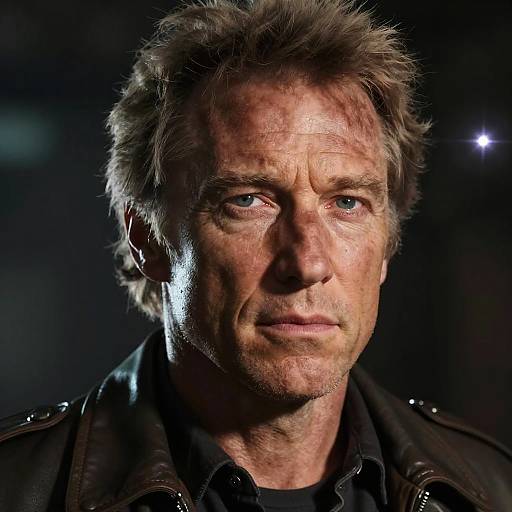 Photograph of a rugged, middle-aged man with disheveled brown hair, blue eyes, and a serious expression, wearing a black leather jacket,