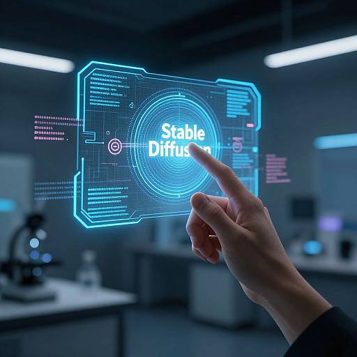 Photograph of a hand pointing at a glowing blue holographic 