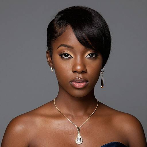 Photograph of a beautiful, dark-skinned Black woman with short, sleek black hair, wearing silver earrings, a gold necklace, and a strapless