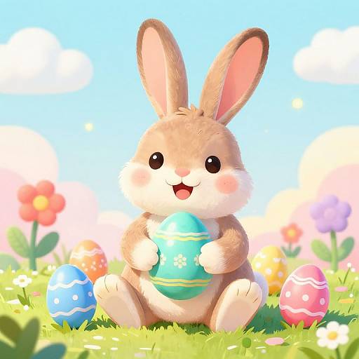 Cute digital illustration of a fluffy brown bunny with large ears, holding a blue Easter egg, sitting in a colorful grassy field with vibrant flowers and