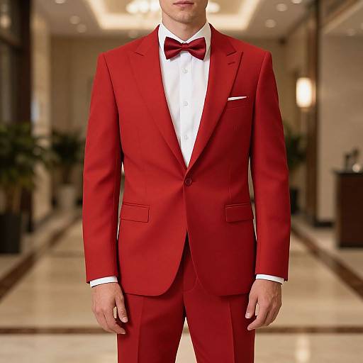 Photograph of a man in a bright red formal suit with a bow tie, white dress shirt, and pocket square, standing in a blurred, elegant