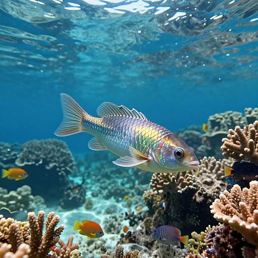 Photograph of a vibrant, silver-blue fish with rainbow iridescence swimming near colorful coral reefs under clear, blue ocean water.