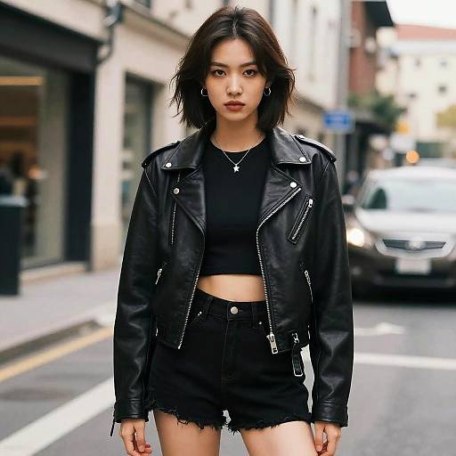 Photograph of an Asian woman with shoulder-length black hair, wearing a black leather jacket, crop top, and high-waisted denim shorts, standing