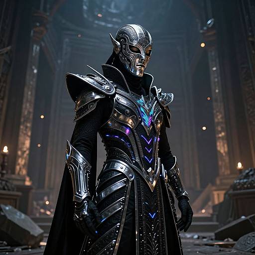 CGI image of a dark, armored, masked figure with glowing blue accents, standing in a dimly lit, ruined cathedral.