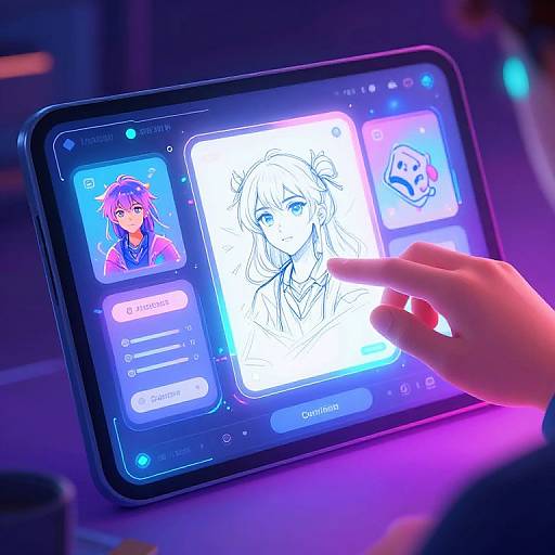 Neon-lit digital drawing tablet displaying an anime-style portrait of a girl with horns, being edited by a hand, with character and tool icons on