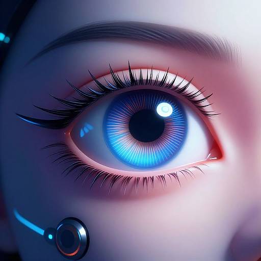 Close-up digital artwork of a vivid blue, glowing eye with long black eyelashes, highlighted by bright light reflections. Cybernetic element below.