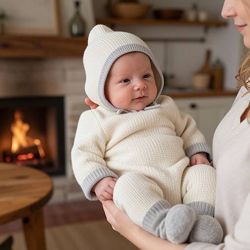 Photograph of a swaddled baby in a cream knit onesie with gray trim, held by a woman in a white top, by a cozy