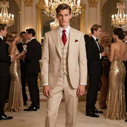 Man in Beige Three-Piece Suit at Elegant Cocktail Party