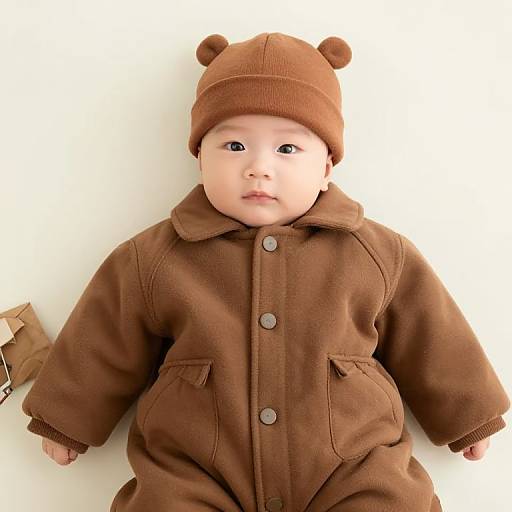 Photograph of an Asian baby with fair skin, wearing a brown bear-themed hat and matching brown coat, lying on a white surface.