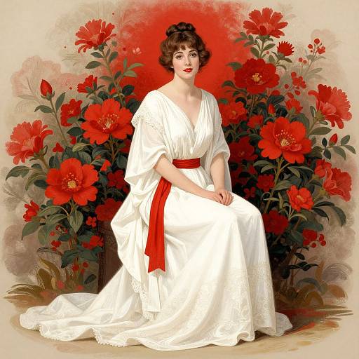 Vintage-style digital illustration of a fair-skinned woman with short, curly brown hair, wearing a white gown with a red sash, seated among large