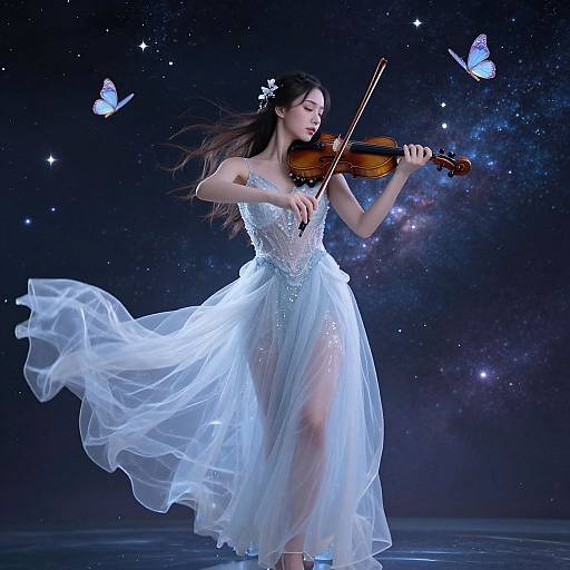 Elegant woman in a flowing, shimmering white dress plays violin against a starry night sky with floating white butterflies. Digital art.