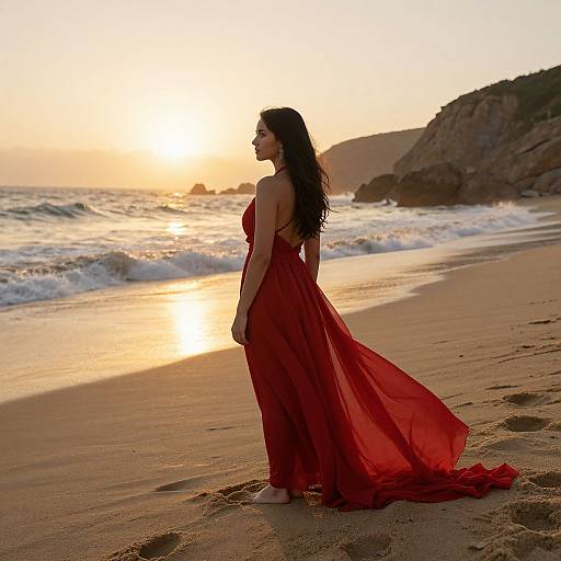 Photograph of a woman with long black hair in a flowing red dress standing on a golden sandy beach at sunset, ocean waves in background, sun casting