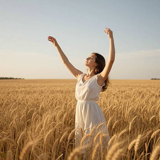 Photograph of a woman with long brown hair, wearing a white sleeveless dress, standing in a golden wheat field, arms raised, under a clear
