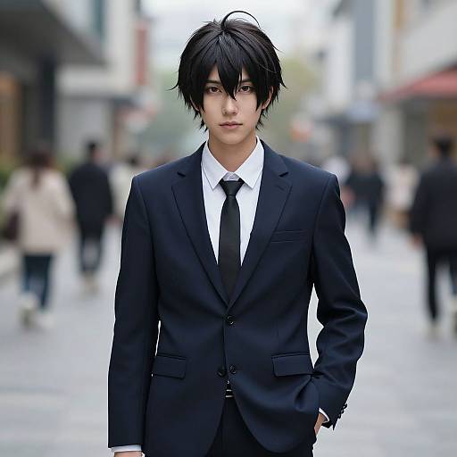 Photorealistic CGI of a young Asian man with black, messy hair, wearing a black suit, white shirt, and black tie, walking down a