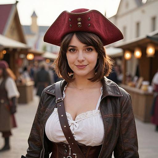 Photograph of a fair-skinned woman with dark brown bob hair, wearing a maroon tricorn hat, black leather jacket, white lace-trim
