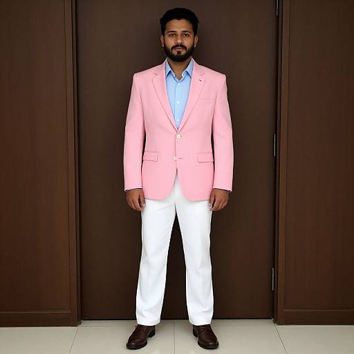 Photograph of a bearded man with dark hair, wearing a light pink blazer, light blue shirt, white pants, and brown shoes, standing