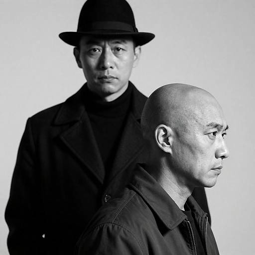 Black-and-white photograph of a bald man in profile, wearing glasses and a jacket, with a serious-looking Asian man in a hat and coat standing behind