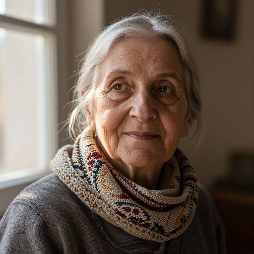 Photograph of an elderly woman with wrinkled skin, gray hair, and a patterned scarf, lit by natural light from a window.