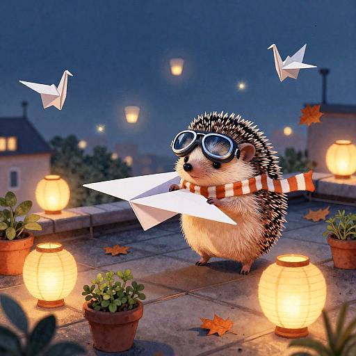 Whimsical Aviator Hedgehog in Twilight Garden