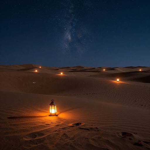 Photograph of a desert night scene with a glowing lantern in the foreground, illuminated sand dunes, scattered lights, and the Milky Way visible in the