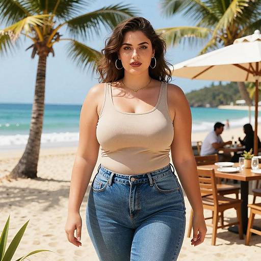 Photograph of a curvy woman with dark wavy hair, wearing a beige tank top and high-waisted blue jeans, walking on a sunny