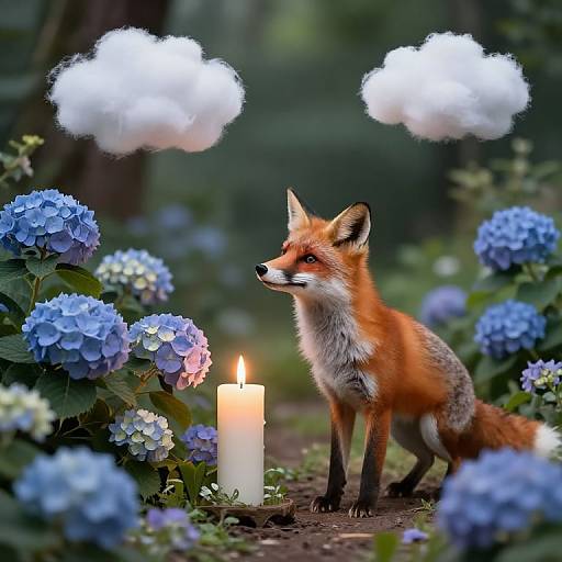 Photograph of a red fox standing beside a lit candle, surrounded by blue hydrangeas and white, fluffy clouds in a lush garden.