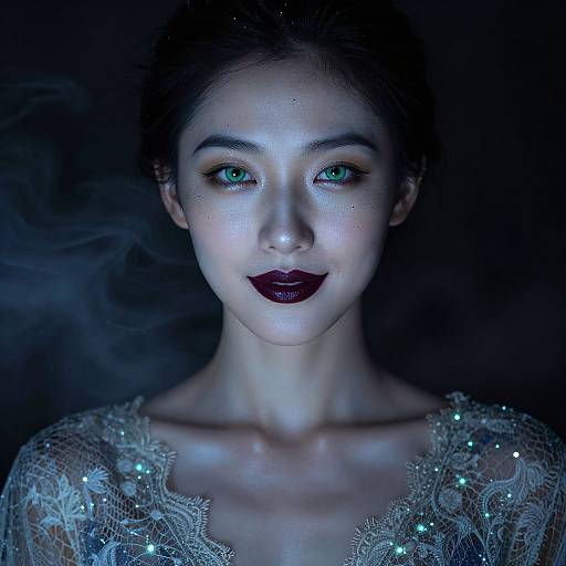Photograph of a woman with glowing green eyes, dark maroon lipstick, and lace dress adorned with sparkling sequins, set against a dark, sm