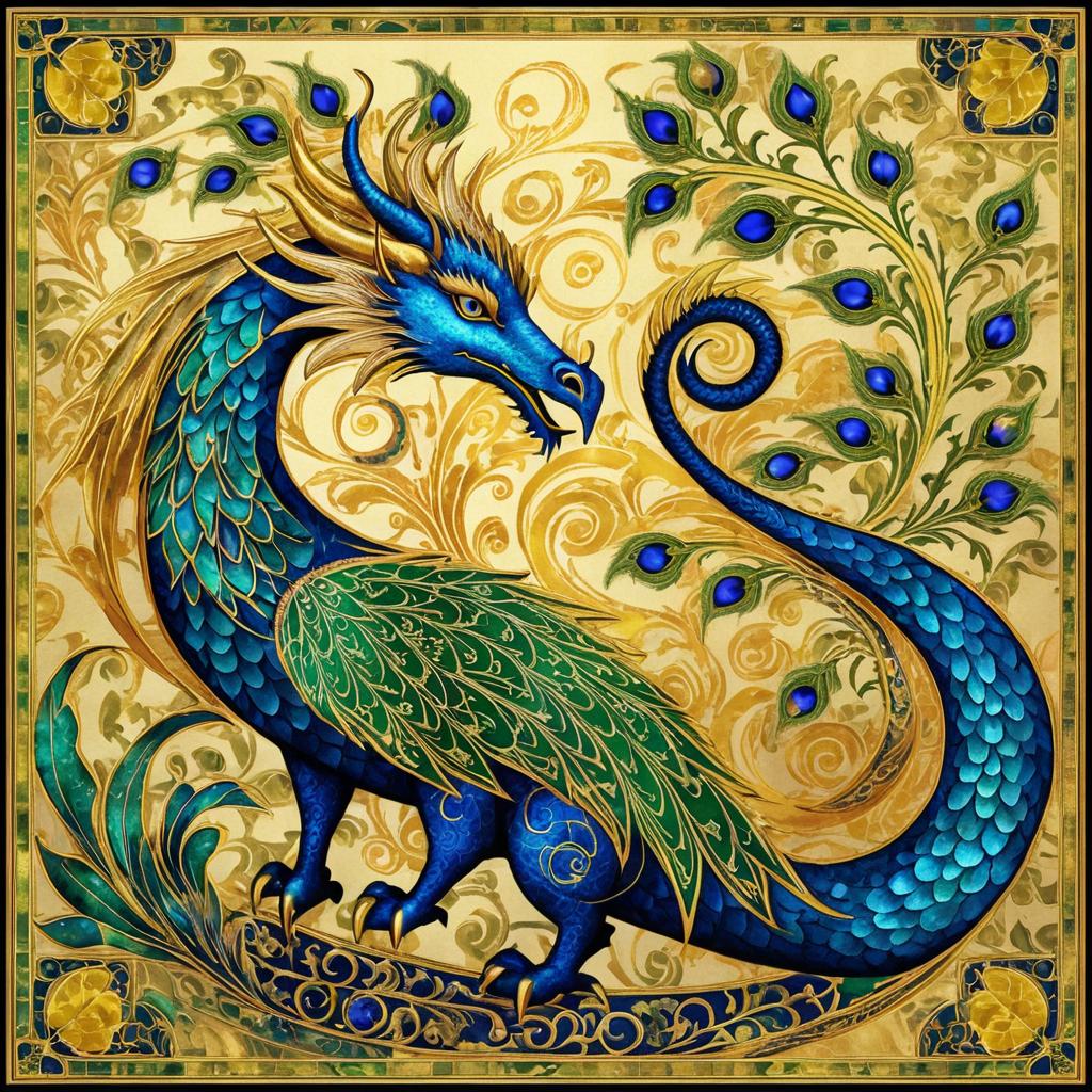 Whimsical Dragon-Peacock Fusion Artwork