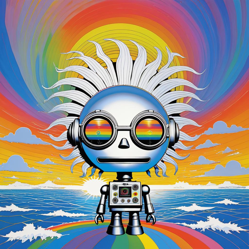 Psychedelic Robot Art with Rainbow Sky