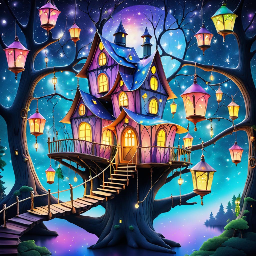 Whimsical Treehouse in a Starry Night