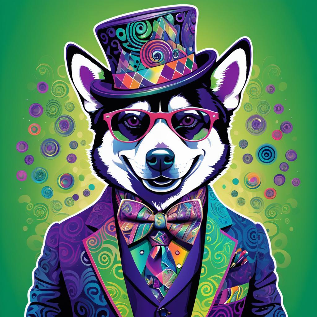 Psychedelic Husky in Vibrant Outfit