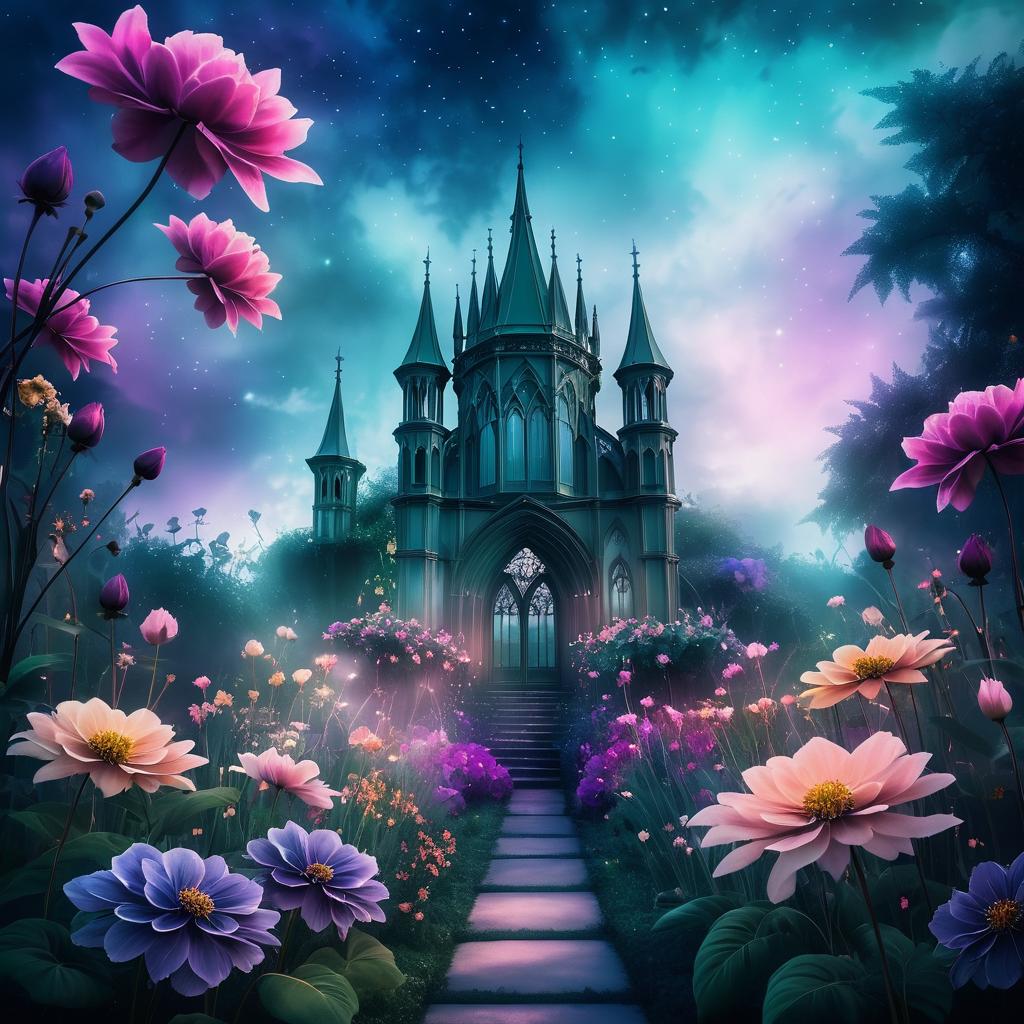 Enchanted Gothic Garden with Oversized Flowers