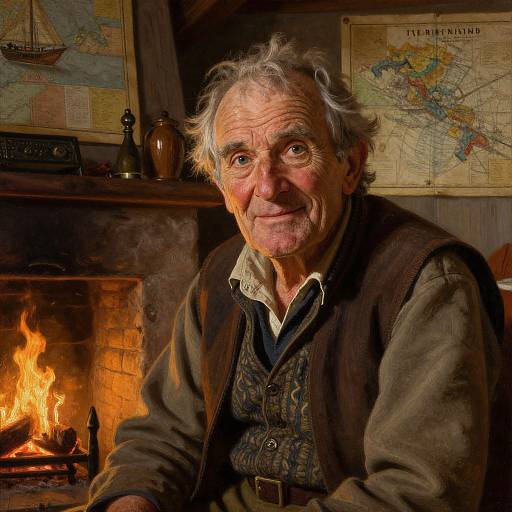 Photograph of an elderly man with gray hair and weathered skin, smiling warmly in a rustic room, beside a lit fireplace, with maps and jars