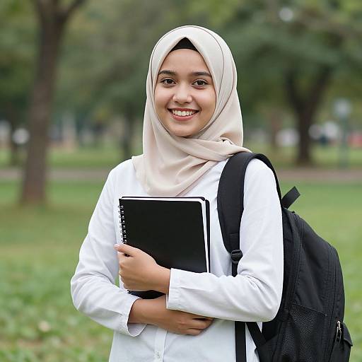 Photograph of a smiling young woman with light brown skin, wearing a white hijab and long-sleeve shirt, holding a black notebook, with