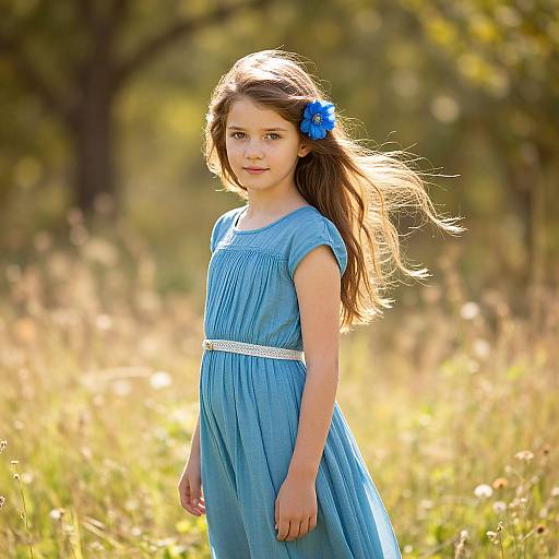 Photograph of a young girl with long brown hair, wearing a blue dress and blue flower hairclip, standing in a sunlit, grassy field
