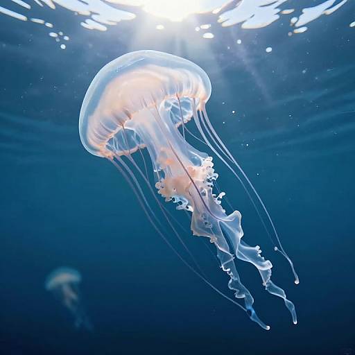 Photograph of a glowing, translucent jellyfish with delicate, flowing tentacles, illuminated by sunlight from above in a deep blue ocean.
