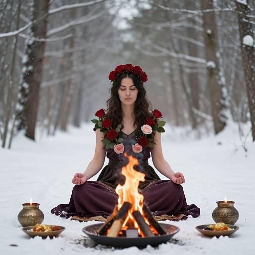 Woman Meditating in Snowy Forest