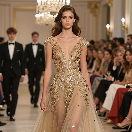 Elegant Gold Embroidered Ball Gown on Runway