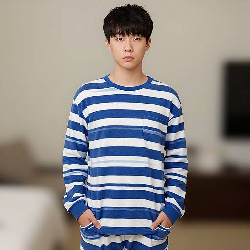Photograph of a young Asian man with short black hair, wearing a blue and white striped long-sleeve shirt, hands in pockets, standing in