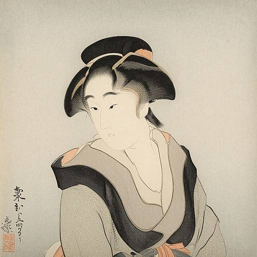 Traditional Japanese woodblock print of a serene woman with black hair in an updo, wearing a gray kimono with black and orange accents. Text in
