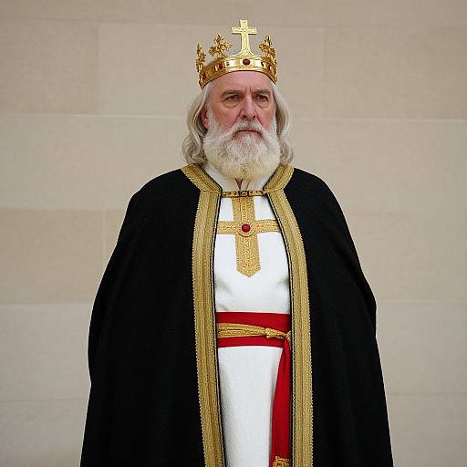 Photograph of an elderly white man with a long white beard, wearing a gold crown, black robe with gold trim, white robe with red sash