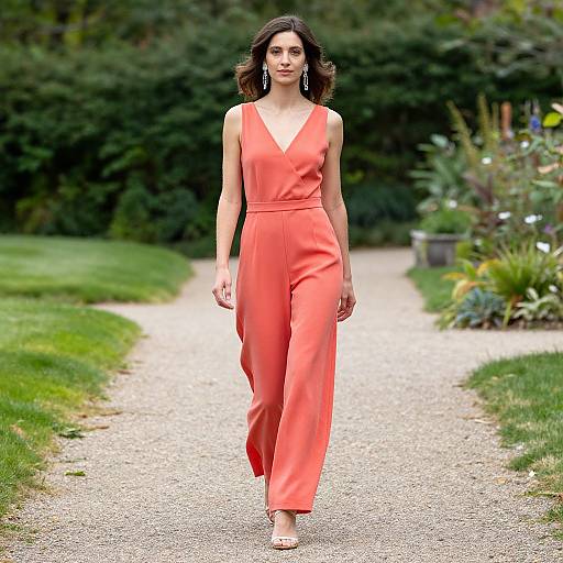 Photograph of a slender woman with dark wavy hair, wearing a coral sleeveless jumpsuit with a deep V-neck, walking down a gravel path