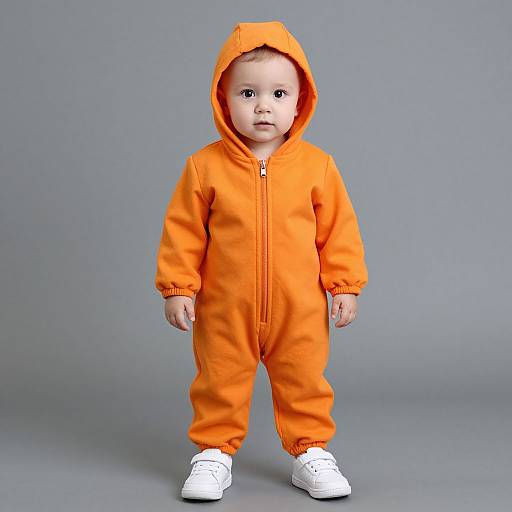 Photograph of a baby with light skin and round face, wearing an orange hooded onesie and white sneakers, standing against a plain gray background.