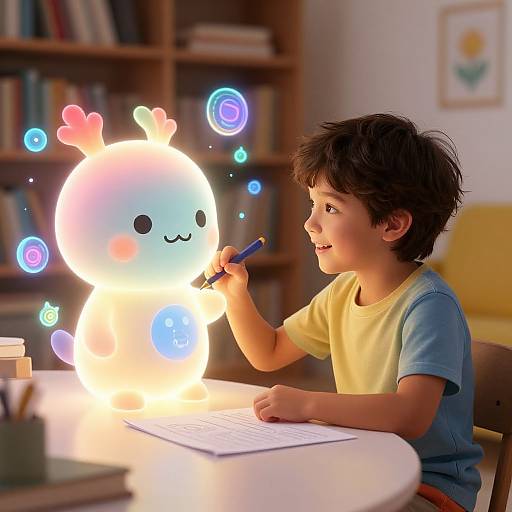 Photograph of a young boy with short brown hair, wearing a yellow and blue shirt, drawing a glowing, smiling cartoon reindeer with colorful swirls